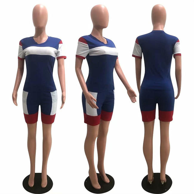 Womens Casual 2 Piece Outfit Color Block Short Sleeve T Shirt Bodycon Biker Shorts Sexy Active Tracksuits